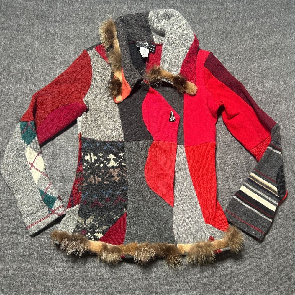 Myco Anna Sweater Size‎ 4 Red Wool Patchwork Fur Zip Up Jacket Womens